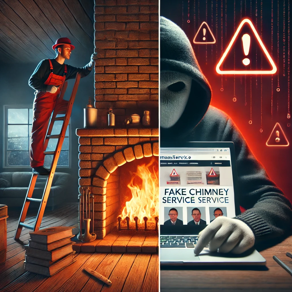 visually compelling image showing a split-screen concept. On one side, a professional and trustworthy chimney sweep team working on a fireplace