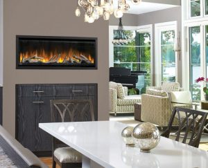 A beautifully designed gas fireplace in a modern living room, showcasing a sleek mantel and cozy ambiance